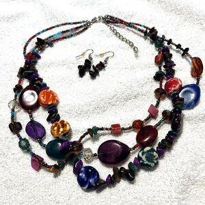 Multi-color three-strand beaded necklace and earrings set